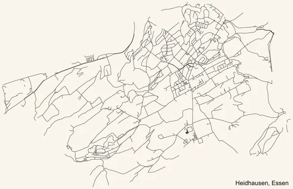 德国埃森市Heidhausen Stadtteil小区旧式米色背景的黑色简单而详细的街道路线图 — 图库矢量图片