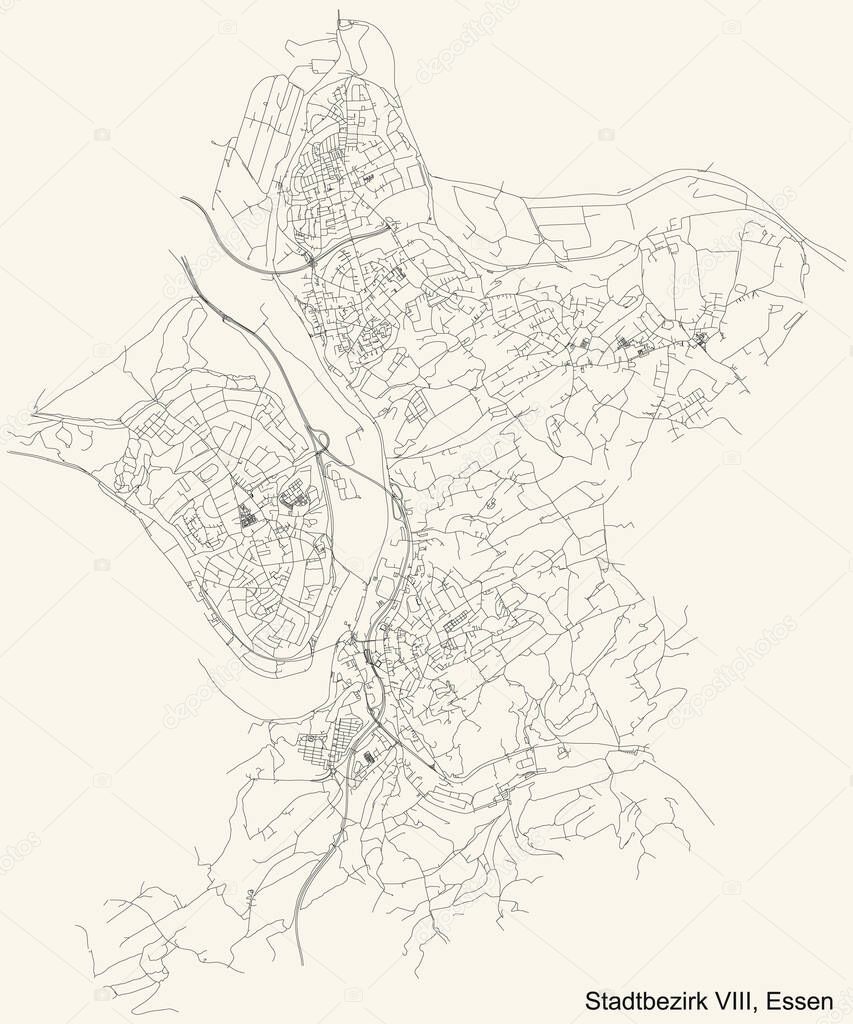 Black simple detailed street roads map on vintage beige background of the quarter Stadtbezirk VIII (Essen-Ruhrhalbinsel) district of Essen, Germany