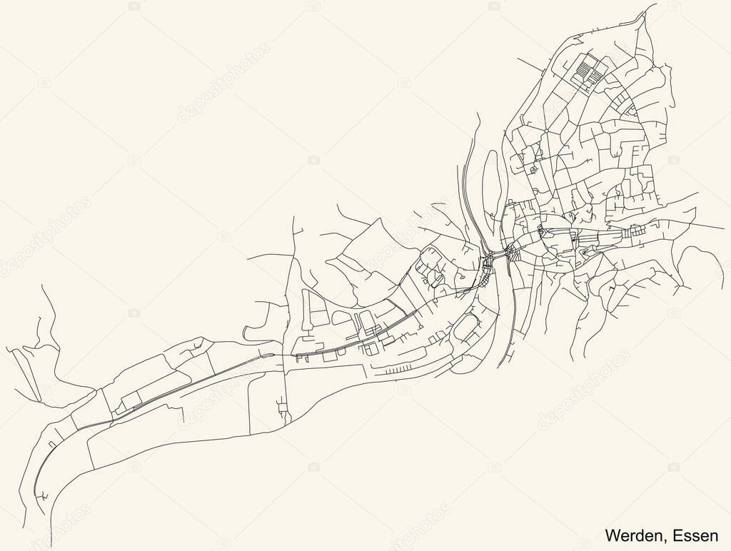 Black simple detailed street roads map on vintage beige background of the quarter Werden Stadtteil of Essen, Germany