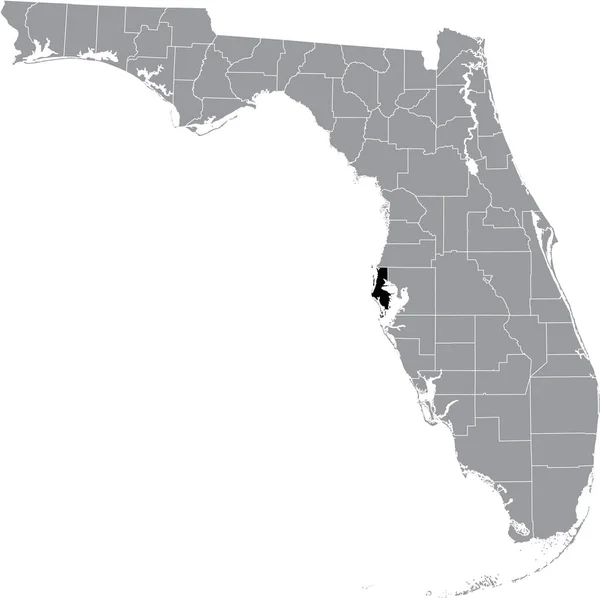 米国フロリダ州の灰色の地図の中の米国ピネラス郡の黒いハイライトされた場所 — ストックベクタ
