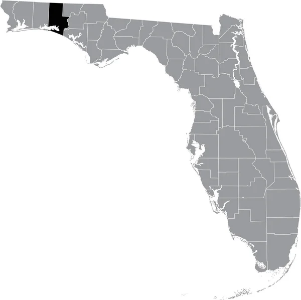 フロリダ州の灰色の地図の中にある米国ウォルトン郡の黒いハイライトされた場所 — ストックベクタ