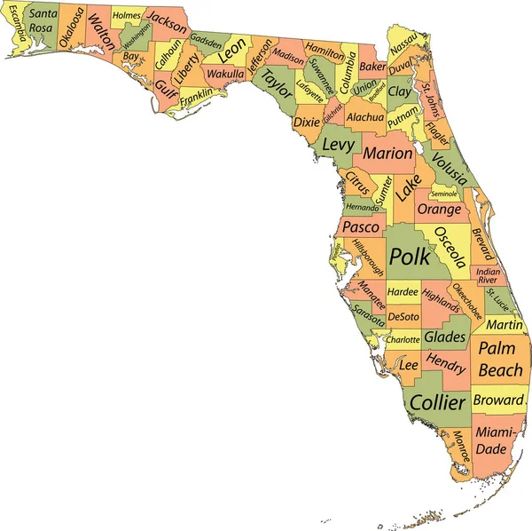 Pastelová Vektorová Mapa Federálního Státu Florida Usa Černými Okraji Názvy — Stockový vektor
