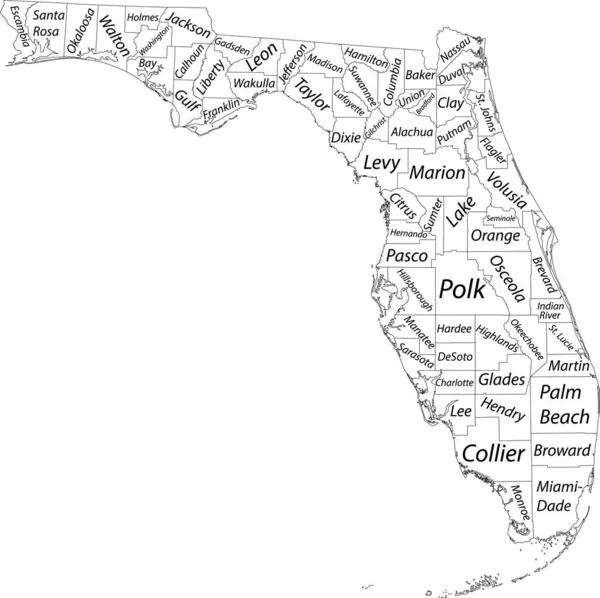 Bílá Vektorová Mapa Federálního Státu Florida Usa Černými Hranicemi Názvy — Stockový vektor
