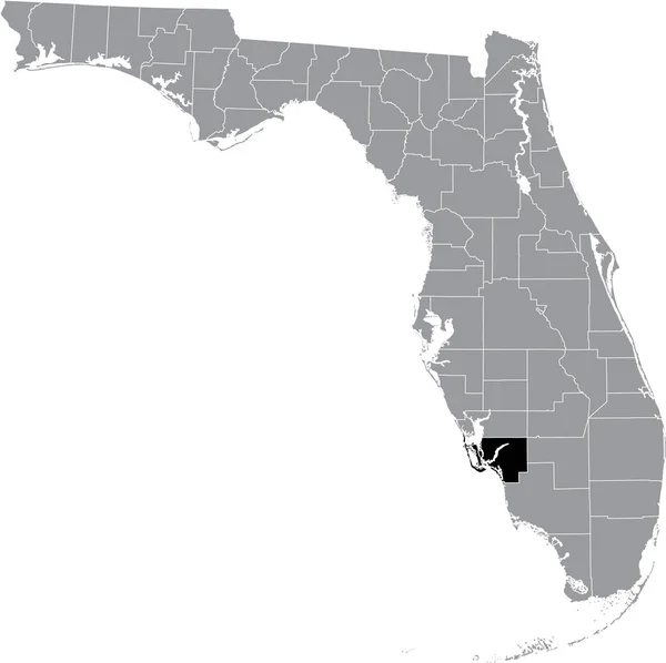 米国フロリダ州の灰色の地図の中の米国リー郡の黒い強調表示された場所 — ストックベクタ