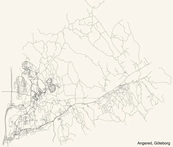 Schwarze Einfache Detaillierte Straßenkarte Auf Beigem Hintergrund Des Viertels Angered — Stockvektor
