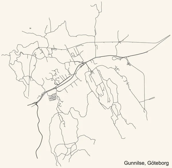 Czarna Prosta Szczegółowa Mapa Ulic Beżowym Tle Dzielnicy Gunnilse Göteborgu — Wektor stockowy