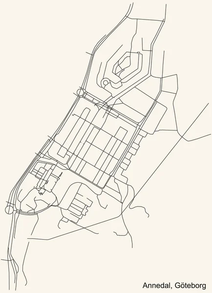 スウェーデン ヨーテボリの4分の1 Annedal地区のヴィンテージベージュの背景に黒のシンプルな詳細道路地図 — ストックベクタ