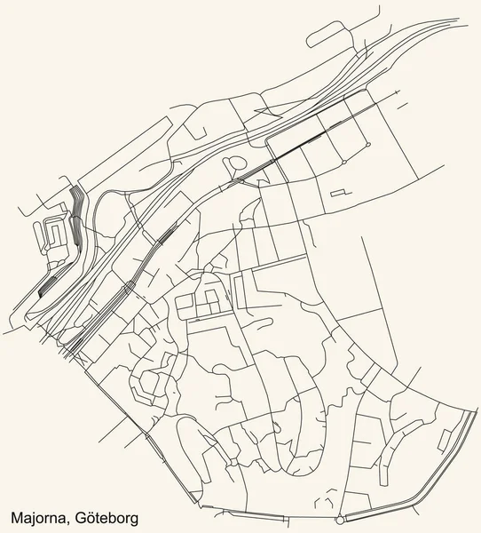 Schwarze Einfache Detaillierte Straßenkarte Auf Beigem Hintergrund Des Viertels Majorna — Stockvektor