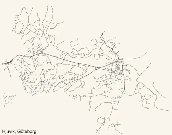 Schwarze Einfache Detaillierte Straßenkarte Auf Beigem Hintergrund Des Viertels Hjuvik — Stockvektor
