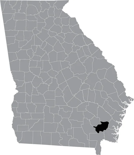 米国ジョージア州の灰色の地図の中にある米国ブラントリー郡の黒いハイライトされた場所 — ストックベクタ