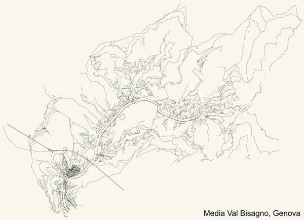 意大利热那亚媒体Val Bisagno区的旧式米色背景的简单而详细的黑色街道路线图 — 图库矢量图片
