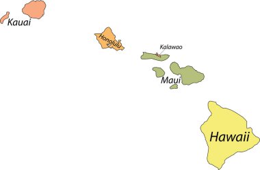Hawaii Federal Eyaleti 'nin Pastel vektör haritası, siyah sınırları ve eyaletlerinin isimleri.