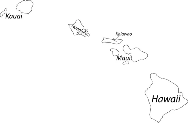 Hawaii Szövetségi Állam Fehér Vektortérképe Fekete Határokkal Megyéinek Nevével — Stock Vector