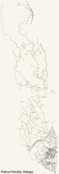 スペイン マラガのパルマ パルミラ地区の4分の1のヴィンテージベージュの背景に黒のシンプルな詳細道路地図 — ストックベクタ