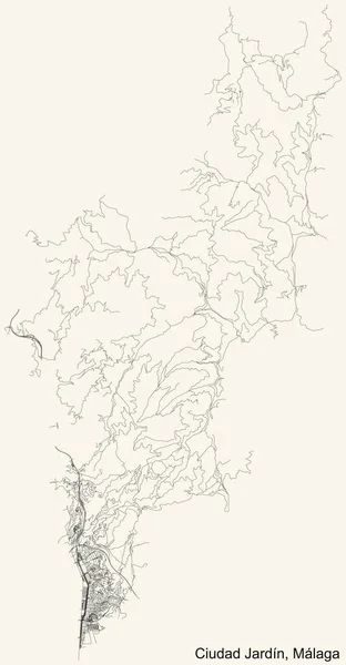 西班牙马拉加市Ciudad Jardn区旧式米色背景的简单而详细的黑色街道路线图 — 图库矢量图片