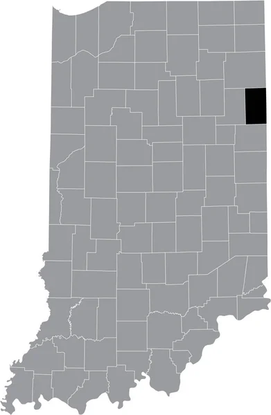 アメリカ合衆国インディアナ州の灰色の地図の中にあるフーサー アダムズ郡の黒いハイライトされた位置図 — ストックベクタ