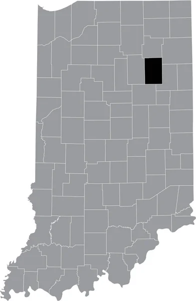 アメリカ合衆国インディアナ州の灰色の地図の中にあるフーサー ハンティントン郡の黒いハイライトされた場所 — ストックベクタ