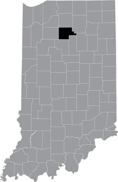 アメリカ合衆国インディアナ州の灰色の地図の中にあるフーサー フルトン郡の黒いハイライトされた場所 — ストックベクタ