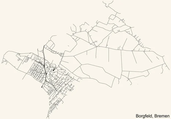 Schwarze Einfache Detaillierte Straßenkarte Auf Beigem Hintergrund Des Stadtteils Borgfeld — Stockvektor