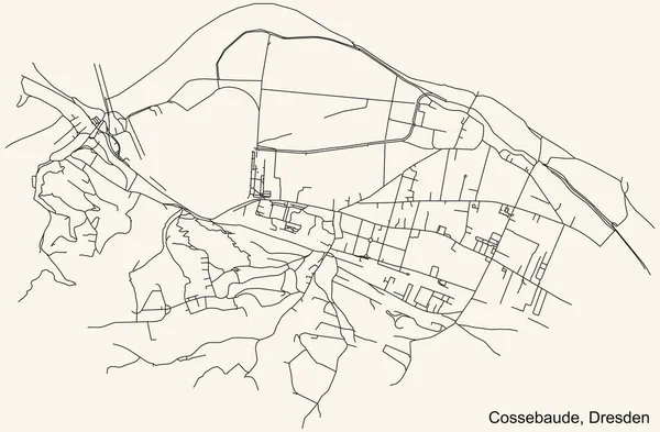 Schwarze Einfache Detaillierte Straßenkarte Auf Beigem Hintergrund Des Stadtteils Cossebaude — Stockvektor