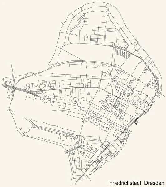 Czarna Prosta Szczegółowa Mapa Ulic Beżowym Tle Dzielnicy Friedrichstadt Dreźnie — Wektor stockowy