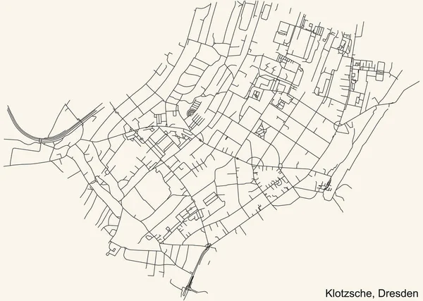 Schwarze Einfache Detaillierte Straßenkarte Auf Beigem Hintergrund Des Stadtteils Klotzsche — Stockvektor