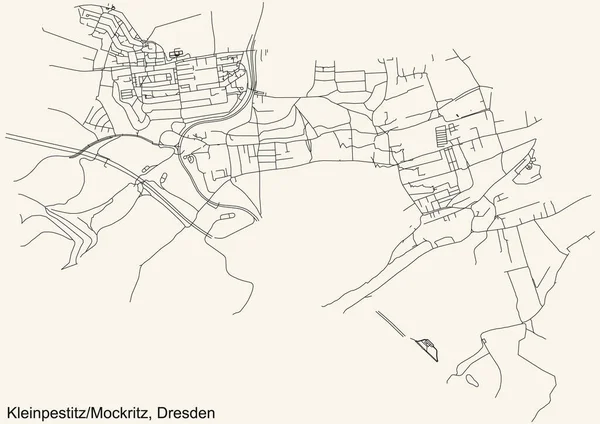 Schwarze Einfache Detaillierte Straßenkarte Auf Beigem Hintergrund Des Stadtviertels Kleinpestitz — Stockvektor