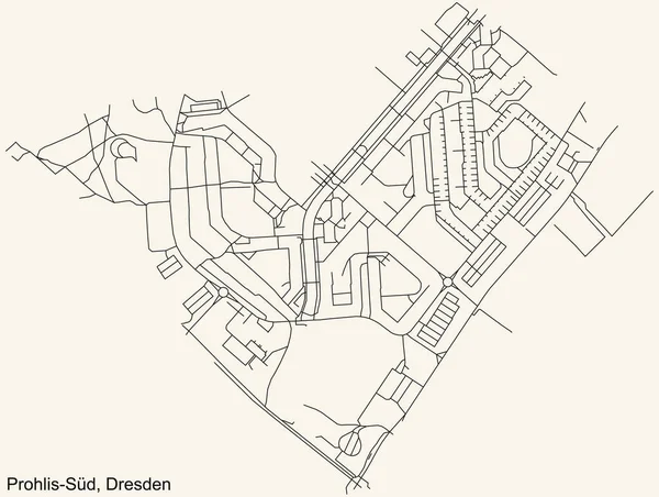 黒シンプルな詳細ストリートロードマップヴィンテージベージュ周辺の地図Prohlis Sdドレスデン ドイツ — ストックベクタ
