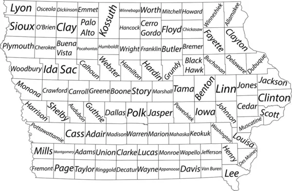 米国アイオワ州の白いベクトル図黒の境界線とその郡名 — ストックベクタ