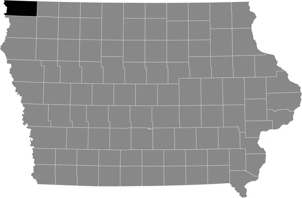 アメリカのアイオワ州の灰色の地図の中のリヨン郡の黒いハイライトされた場所 — ストックベクタ