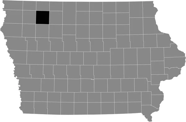 アメリカのアイオワ州の灰色の地図の中のクレイ郡の黒いハイライトされた場所 — ストックベクタ