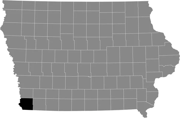 アメリカ合衆国アイオワ州の灰色の地図の中のフレモント郡の黒いハイライトされた場所 — ストックベクタ