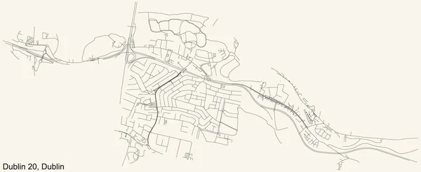 アイルランド ダブリンの第四郵便地区20 D20 のヴィンテージベージュの背景に黒シンプルな詳細道路地図 — ストックベクタ