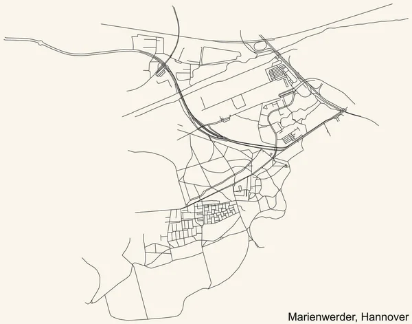 Schwarze Einfache Detaillierte Straßenkarte Auf Beigem Hintergrund Des Stadtteils Marienwerder — Stockvektor