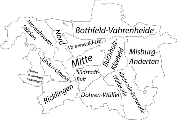 Simple Mapa Vectorial Blanco Con Bordes Negros Nombres Distritos Hannover — Vector de stock