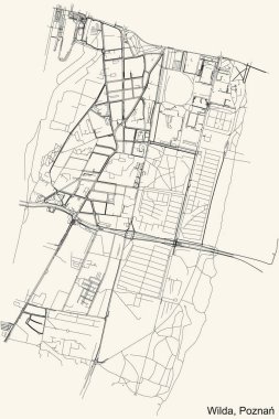 Poznan, Polonya 'nın Wilda semtinin klasik bej arka planında siyah basit detaylı yol haritası
