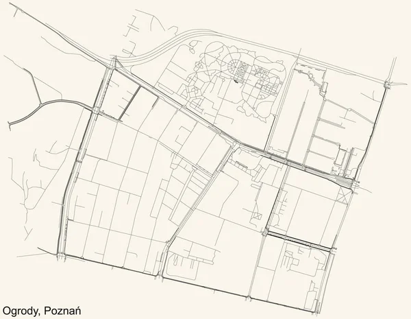 Schwarze Einfache Detaillierte Straßenkarte Auf Beigem Hintergrund Des Viertels Ogrody — Stockvektor