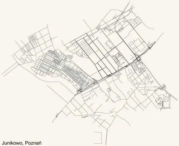 Schwarze Einfache Detaillierte Straßenkarte Auf Beigem Hintergrund Des Viertels Junikowo — Stockvektor