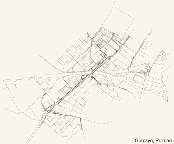 Schwarze Einfache Detaillierte Straßenkarte Auf Beigem Hintergrund Des Viertels Grczyn — Stockvektor