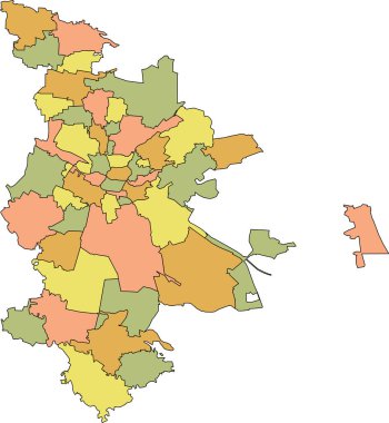 Siyah kenarlı basit pastel vektör haritası ve Almanya 'nın Nuremberg kentindeki vatandaşların toplanma alanlarının isimleri