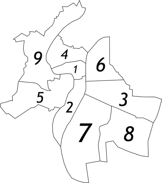 Prosta Biała Mapa Wektorowa Czarnymi Granicami Numerycznymi Nazwami Okręgów Lyon — Wektor stockowy