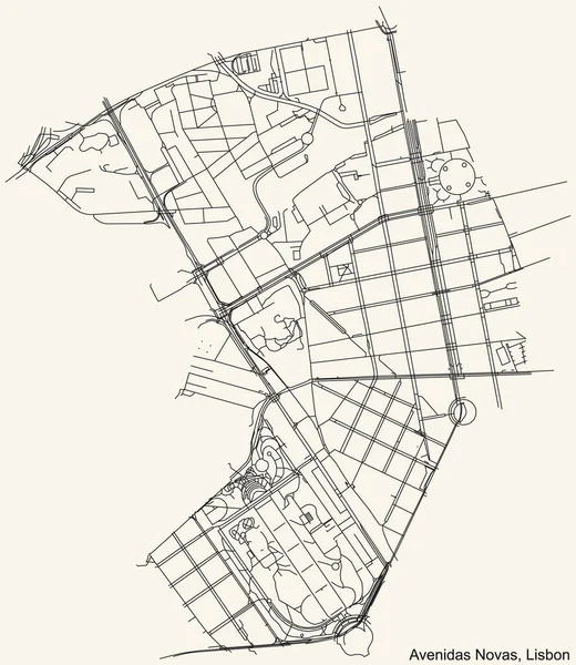 Czarna Prosta Szczegółowa Mapa Ulic Beżowym Tle Kwartału Avenidas Novas — Wektor stockowy