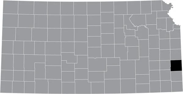 カンザス州連邦政府の灰色の地図の中のブルボン郡の黒いハイライトされた場所 — ストックベクタ