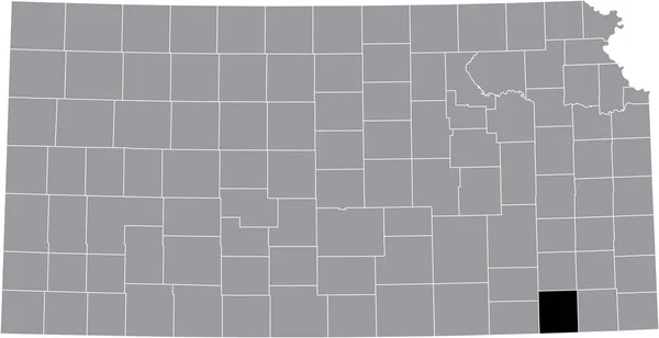 アメリカ合衆国カンザス州の灰色の地図の中のモンゴメリー郡の黒いハイライトされた場所 — ストックベクタ
