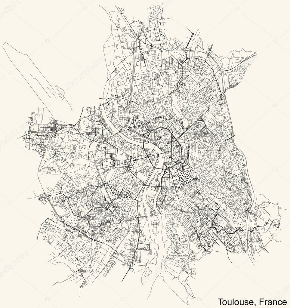 Black simple detailed street roads map on vintage beige background of Toulouse, France