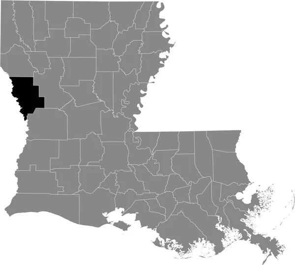 ルイジアナ州の連邦州の灰色の地図の中のサビーン郡の黒いハイライトされた場所 — ストックベクタ