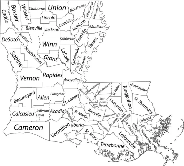 Mapa Vectorial Blanco Del Estado Federal Luisiana Con Fronteras Negras — Vector de stock