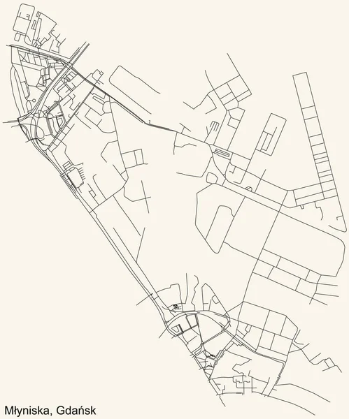 黒のシンプルな詳細通りの道路地図ヴィンテージベージュポーランドのグダニスクの四分の一Myniska地区の背景 — ストックベクタ