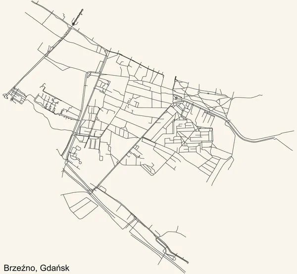Schwarze Einfache Detaillierte Straßenkarte Auf Beigem Hintergrund Des Viertels Brzeno — Stockvektor