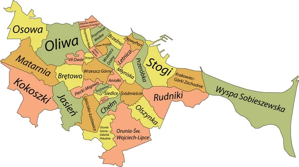 Mapa Vetorial Pastel Simples Com Fronteiras Negras Nomes Setores Gdansk — Vetor de Stock